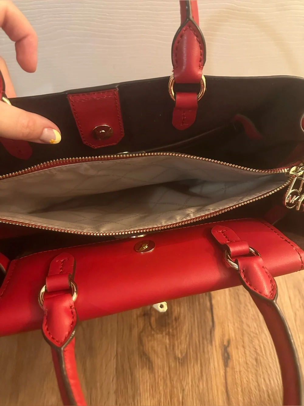 Michael Kors Red Leather Satchel with Gold Chain and Stud Accents